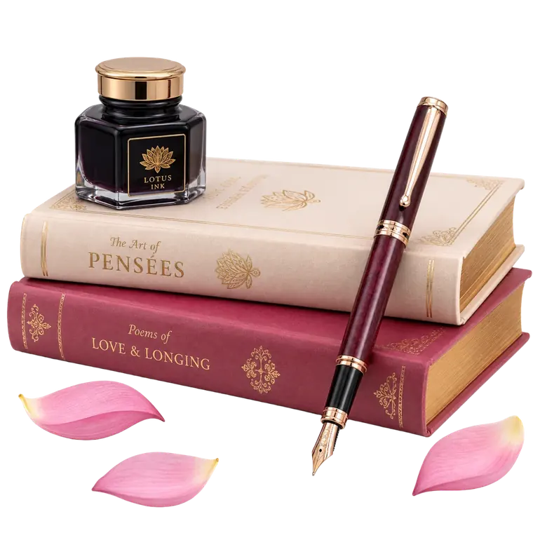 Premium hardcover books with a lotus ink pot and fountain pen